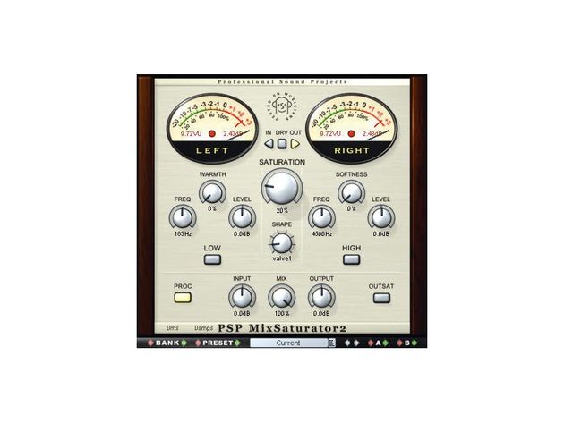 PSP Audioware MixSaturator2 MixSaturator2 emulates the sound of valve circuits and analogue tape.